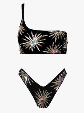 Oceanus Callie Black One-Shoulder Sequin Bikini with Multicolor Gem Accents